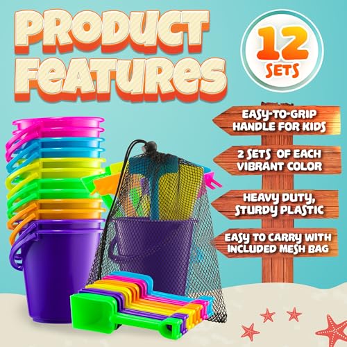 Mini 4.5-Inch Beach Buckets for Kids - Sand Buckets and Shovels w/Rakes & Mesh Bags - Small Beach Pails - Sturdy Unbreakable Plastic - Beach Party Favors & Giveaways for Toddlers Ages 3-6